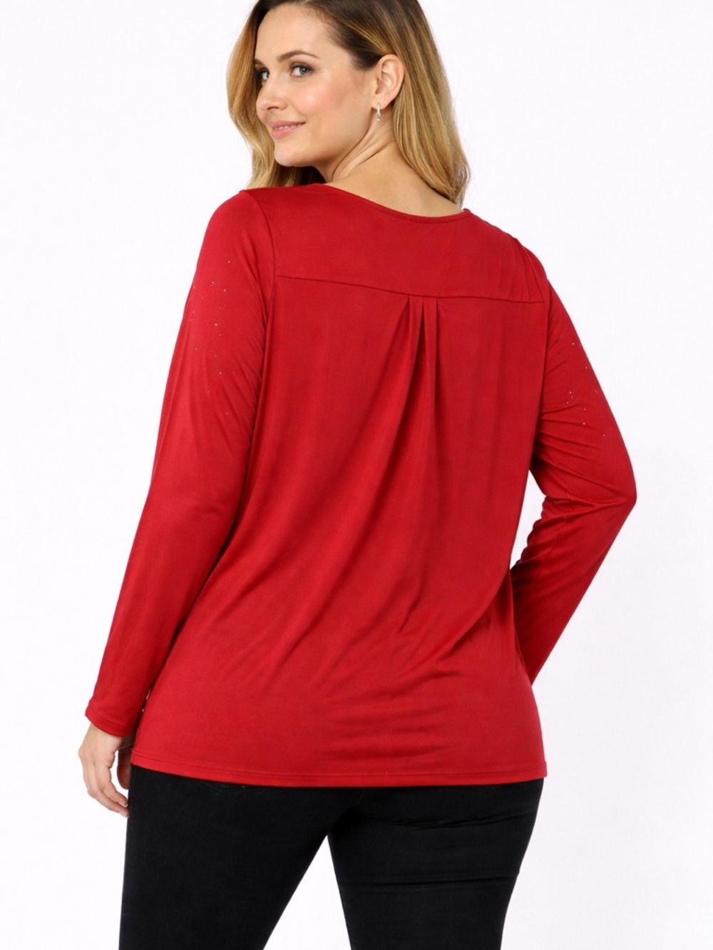 Joan Rivers Red Rhinestone Studded Top 2X Women Long Sleeve Stretch Blouse - Picture 2 of 12